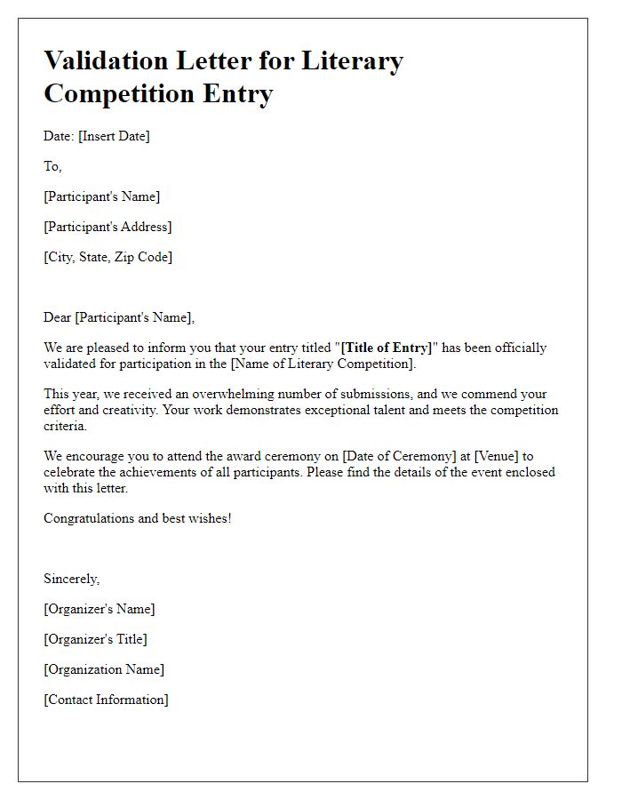 Letter template of validation for literary competition entry