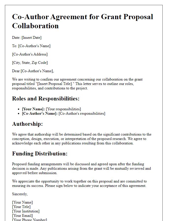 Letter template of co-author agreement for grant proposal collaboration