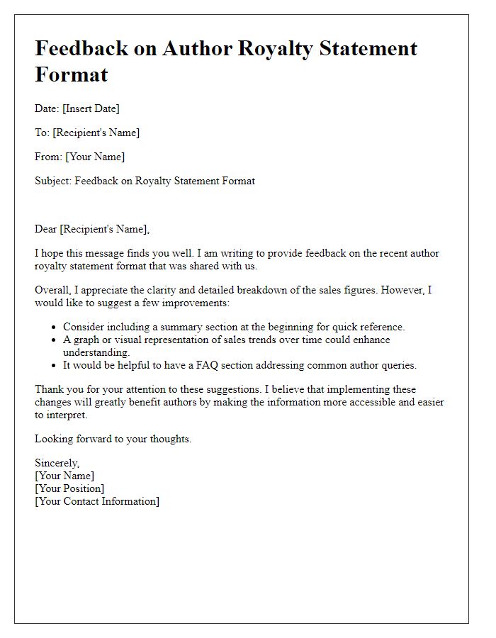 Letter template of feedback on author royalty statement format