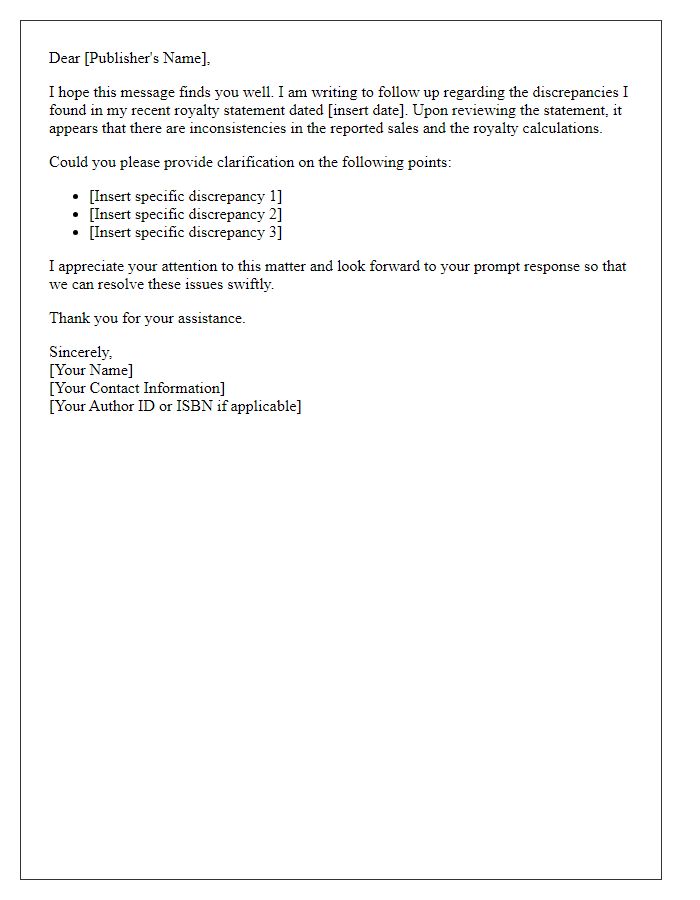 Letter template of follow-up for author royalty statement discrepancies