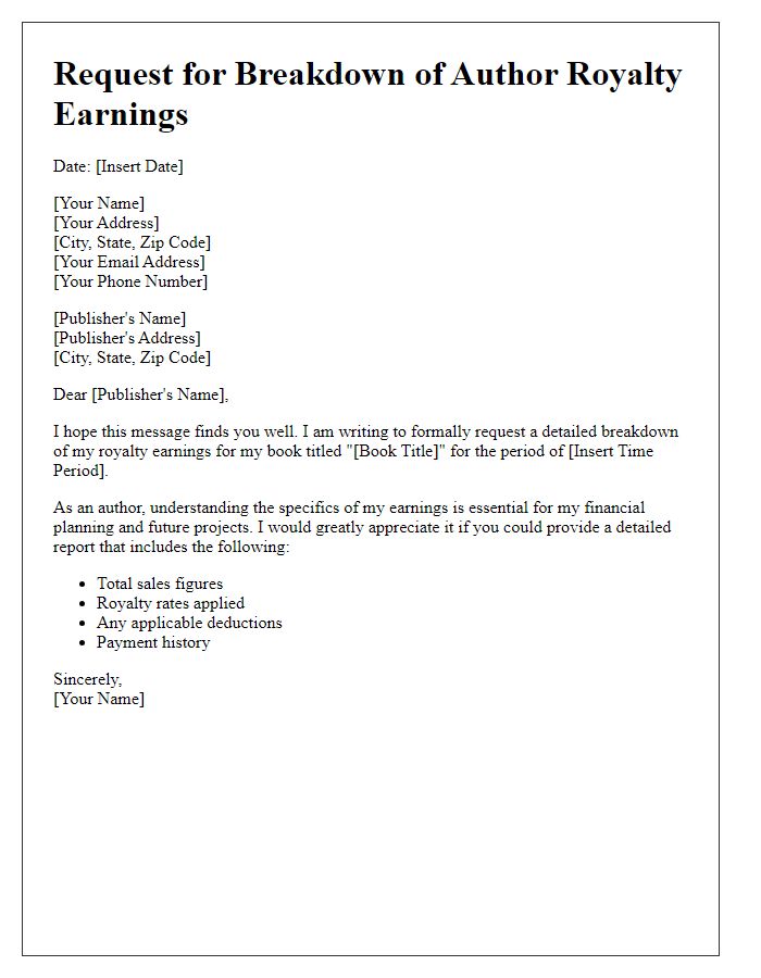 Letter template of request for breakdown of author royalty earnings