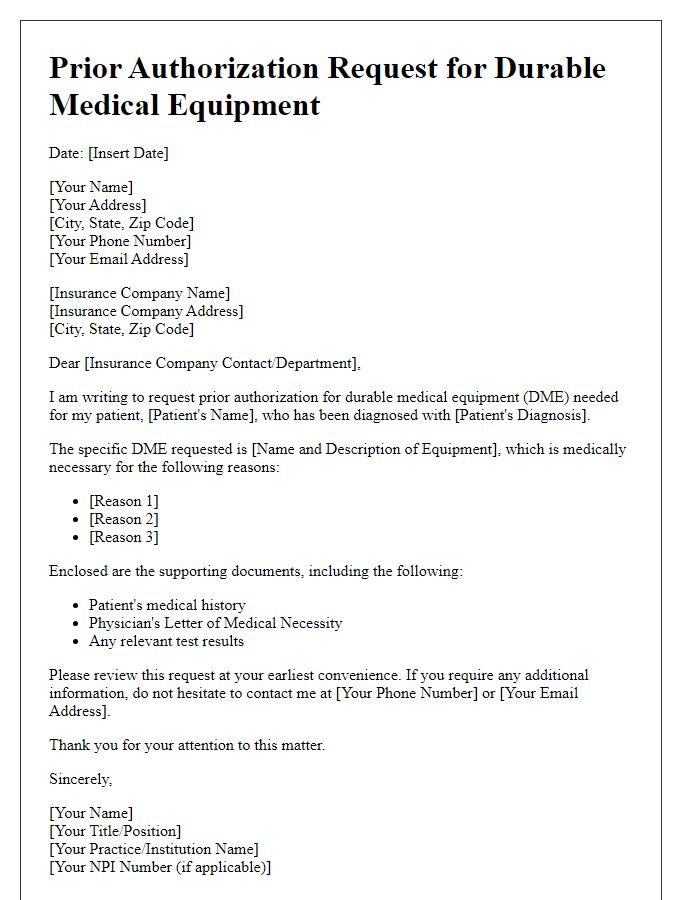 Letter template of insurance prior authorization for durable medical equipment