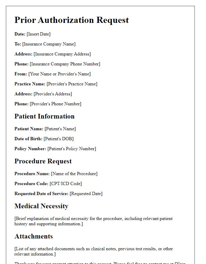 Letter template of insurance prior authorization request for medical procedure