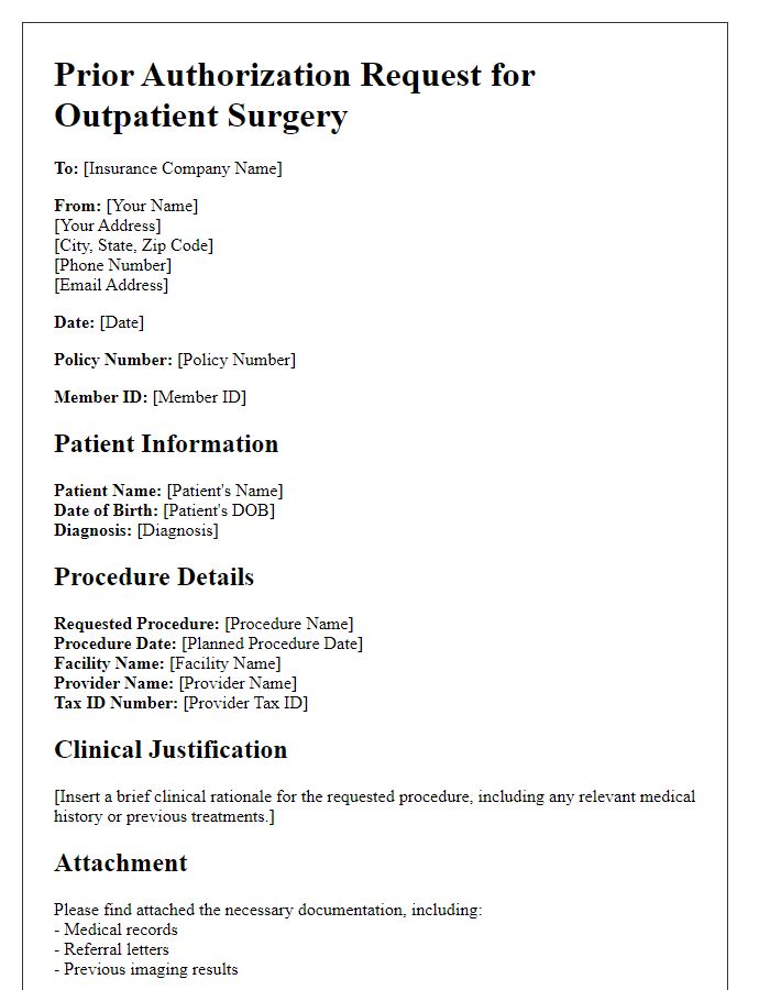 Letter template of insurance prior authorization request for outpatient surgery