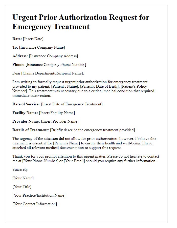 Letter template of urgent prior authorization request for emergency treatment