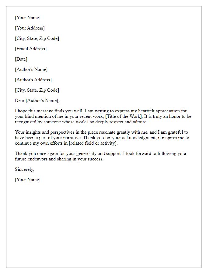 Letter template of formal appreciation for being mentioned by an author.