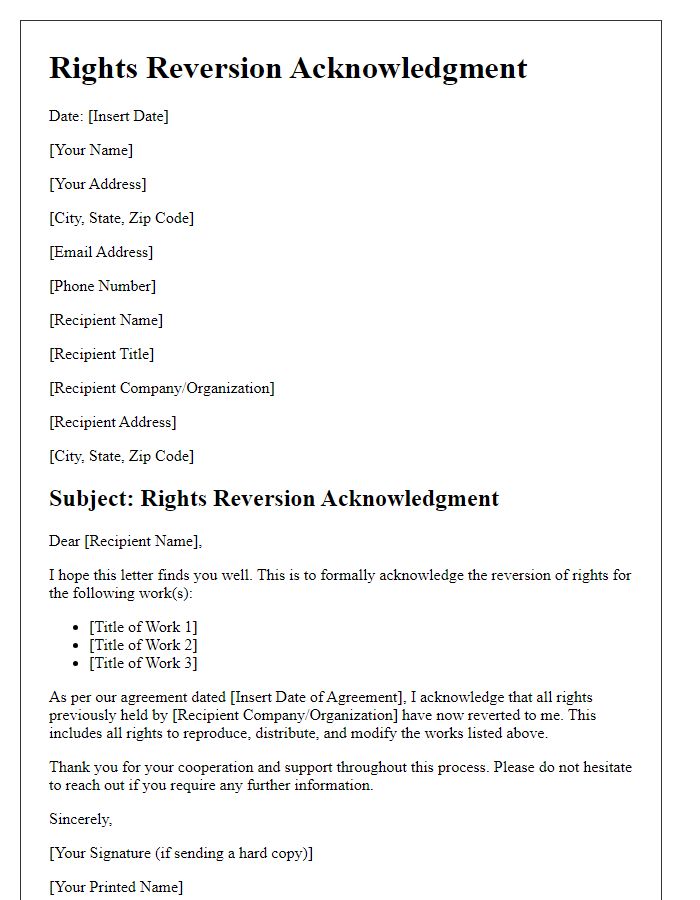 Letter template of Rights Reversion Acknowledgment