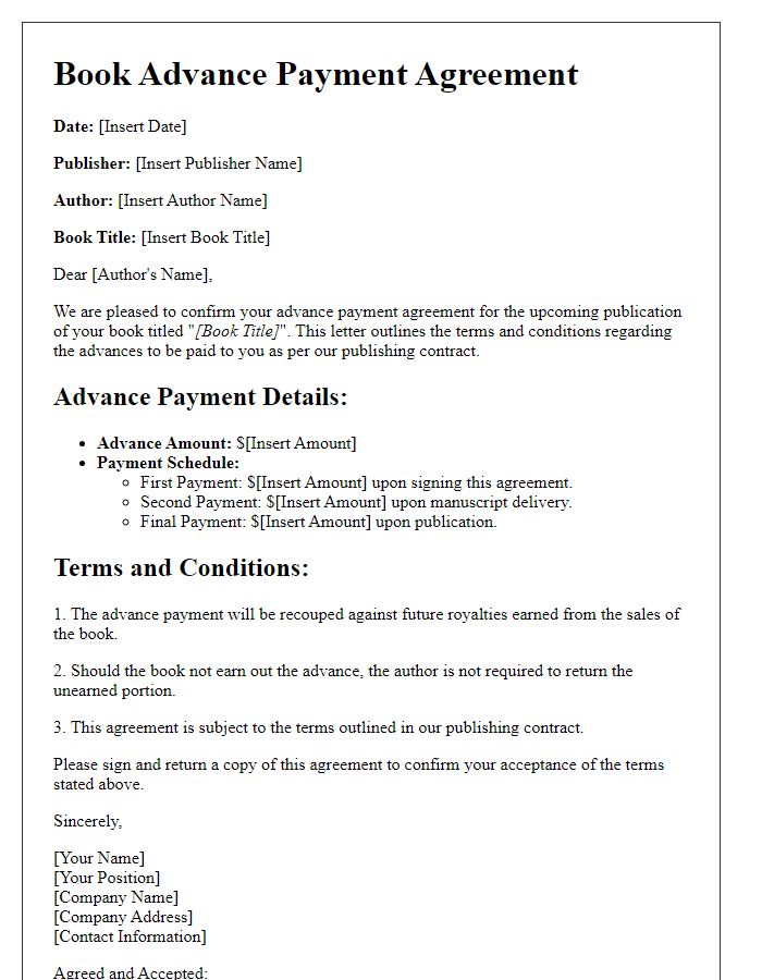 Letter template of book advance payment agreement for publishing contracts.