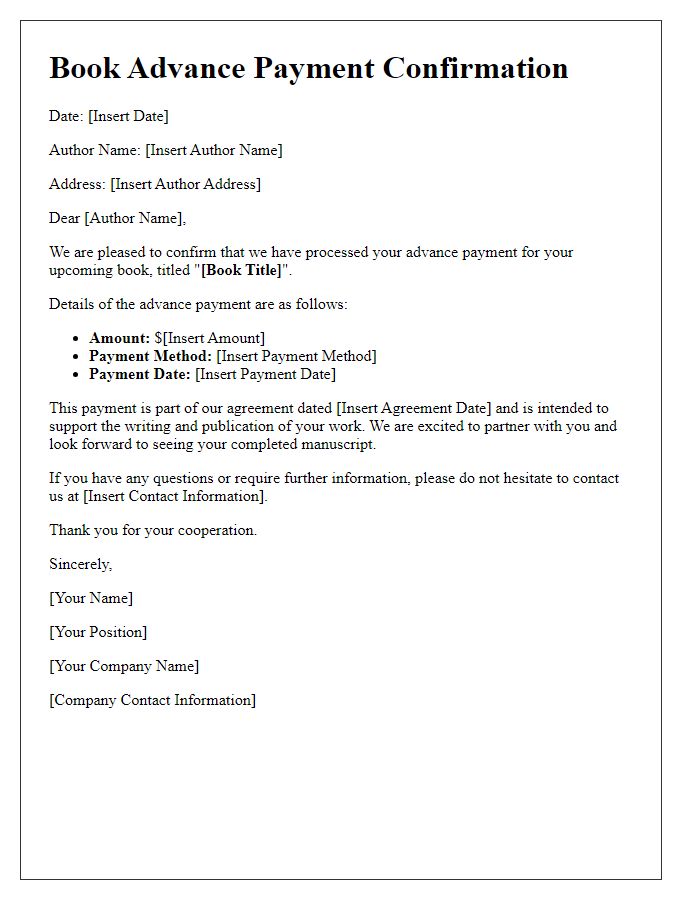 Letter template of book advance payment confirmation for secured authors.