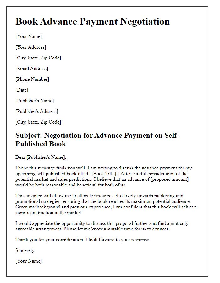 Letter template of book advance payment negotiation for self-publishing.