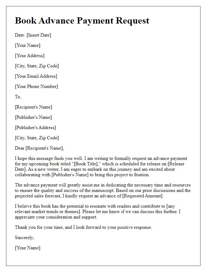 Letter template of book advance payment request for new writers.