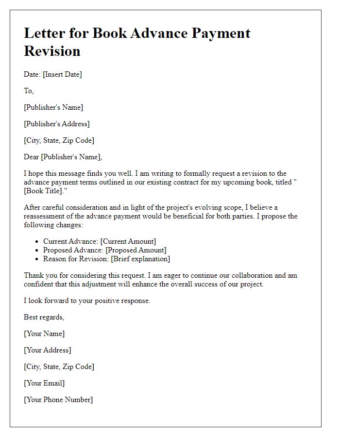 Letter template of book advance payment revision for contract amendments.