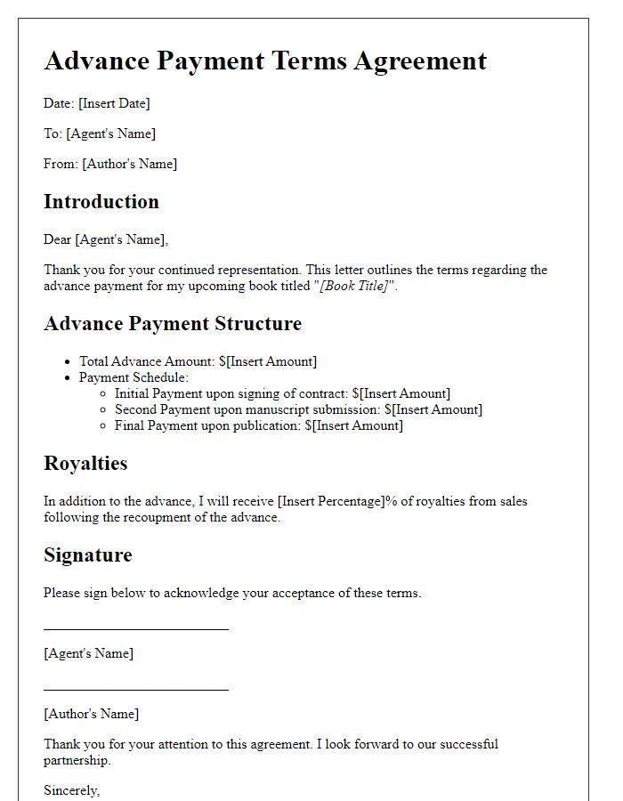 Letter template of book advance payment terms for literary agents.