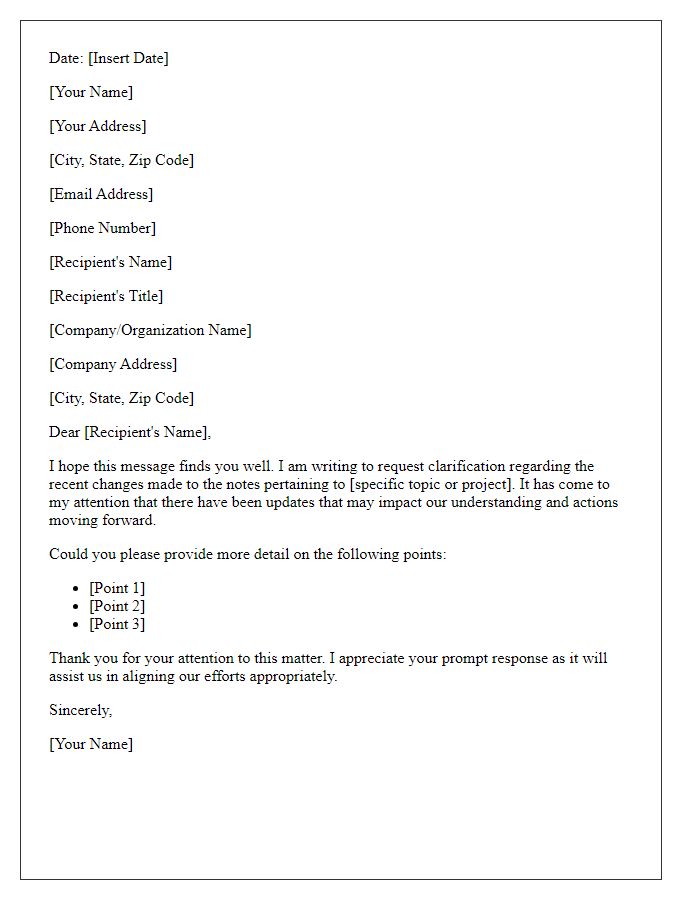 Letter template of clarification needed on note changes