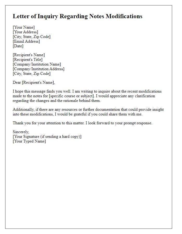 Letter template of inquiry regarding notes modifications