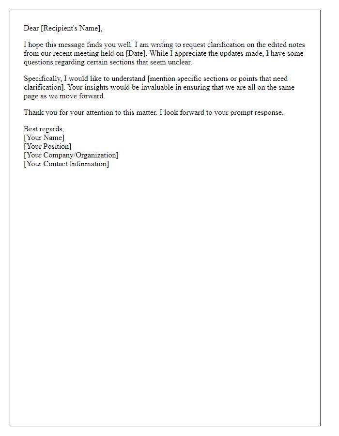 Letter template of request for clarification on edited notes