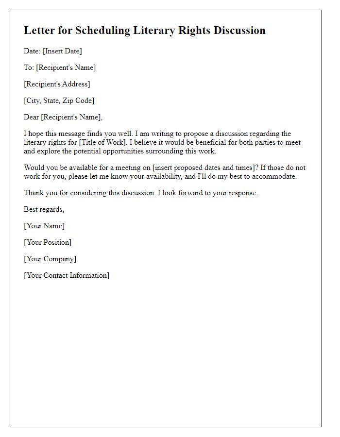 Letter template of scheduling a literary rights discussion