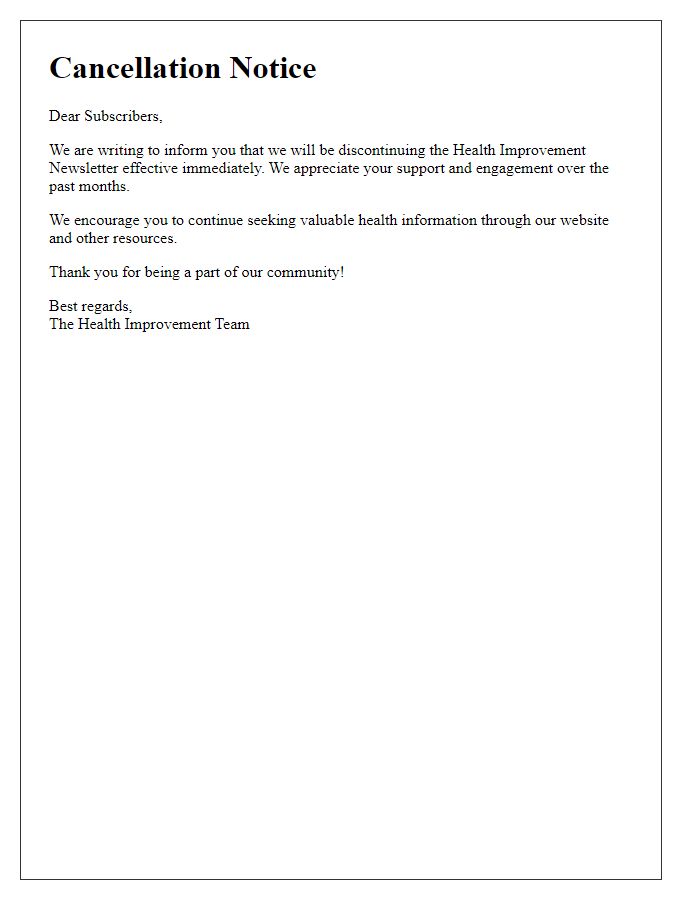 Letter template of cancelling health improvement newsletter