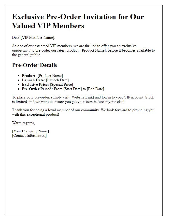 Letter template of exclusive pre-order details for VIP members