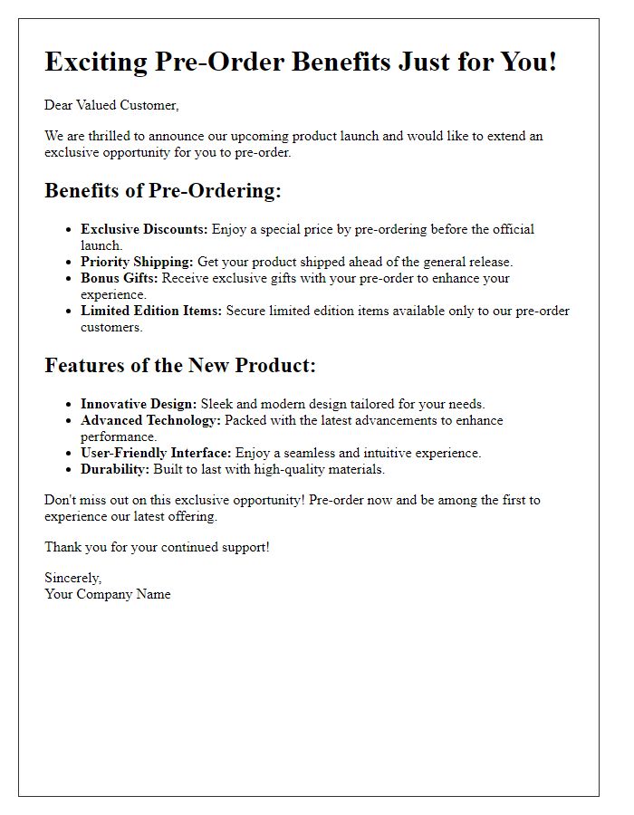 Letter template of pre-order benefits and features for potential customers