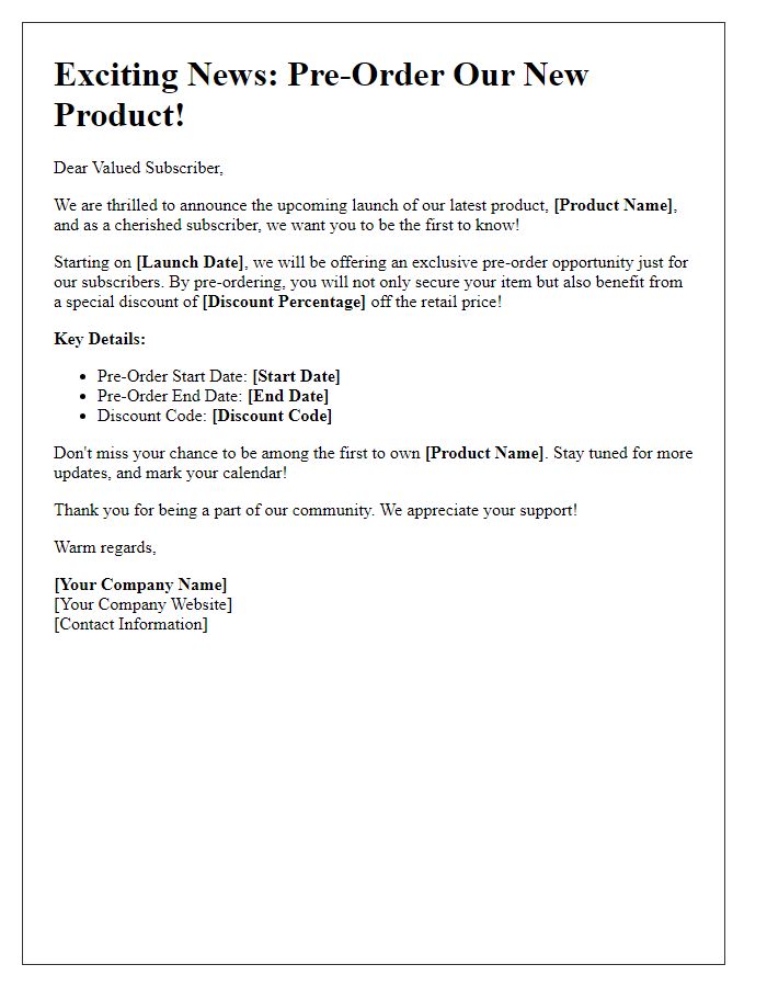 Letter template of pre-order campaign announcement for subscribers