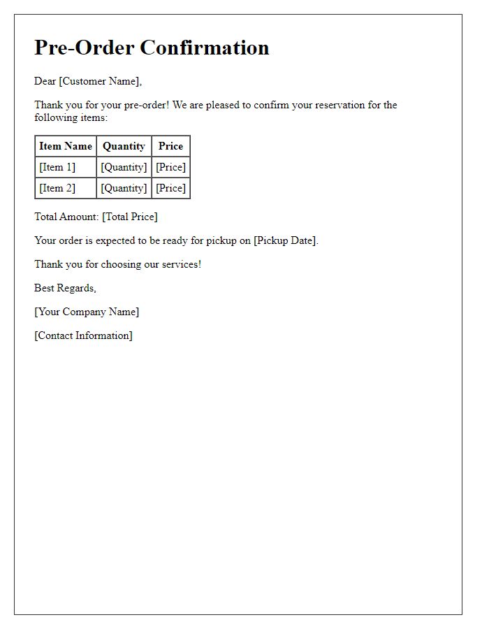 Letter template of pre-order confirmation for completed reservations