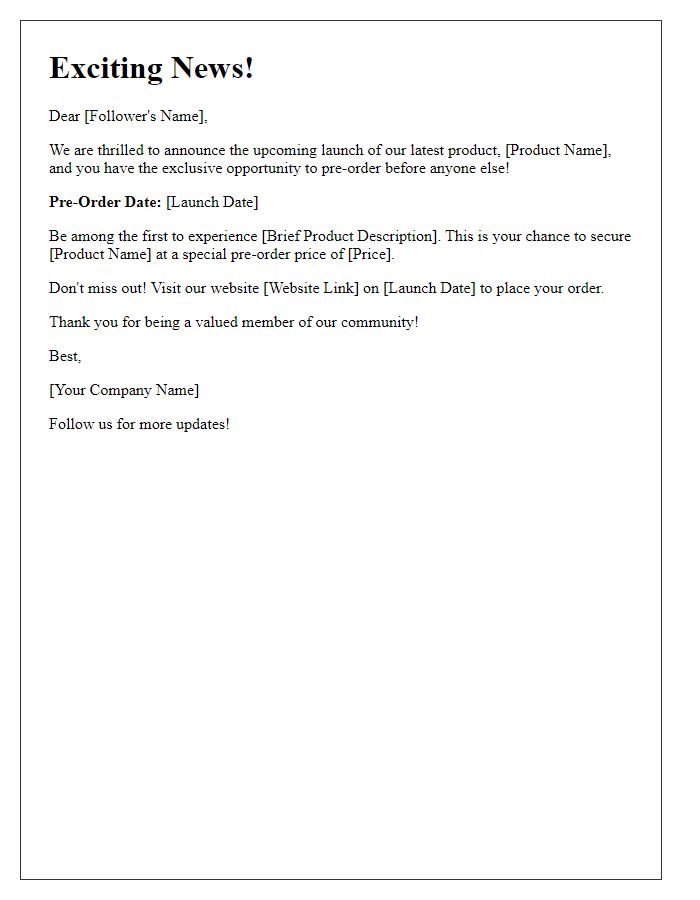 Letter template of upcoming product pre-order launch for social media followers