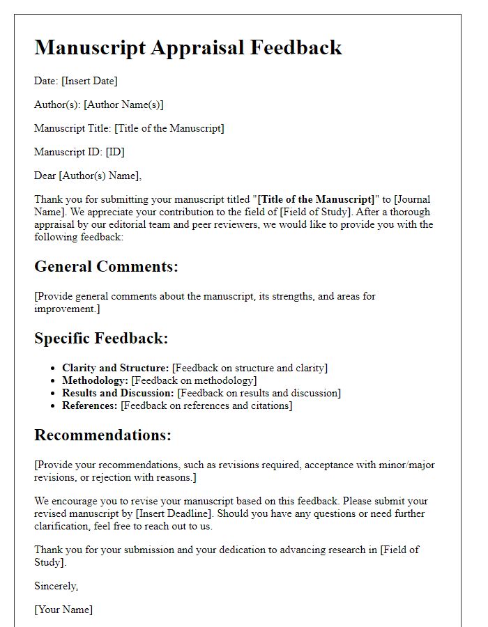 Letter template of manuscript appraisal feedback for authors