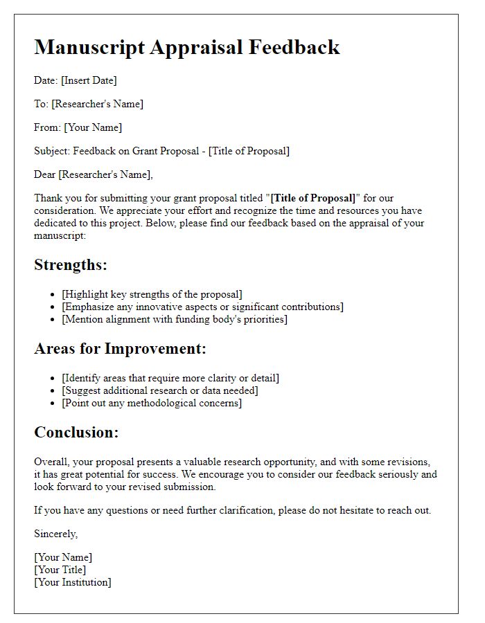 Letter template of manuscript appraisal feedback for grant proposals