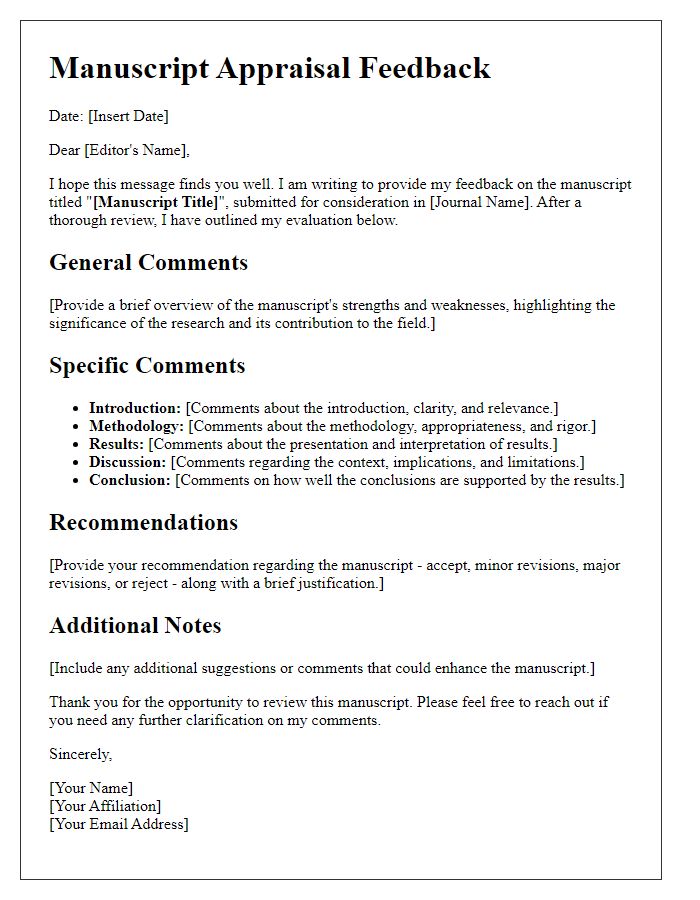 Letter template of manuscript appraisal feedback for journal editors