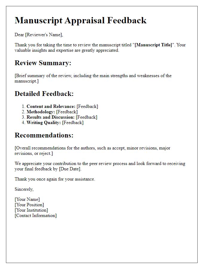 Letter template of manuscript appraisal feedback for peer reviewers