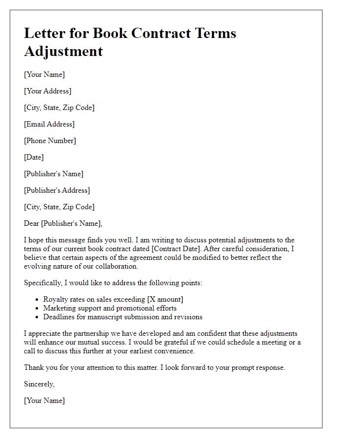 Letter template of book contract terms adjustment