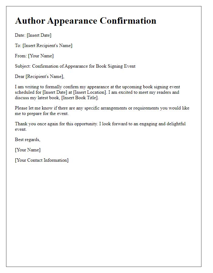 Letter template of author appearance confirmation for book signing event