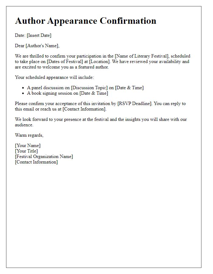 Letter template of author appearance confirmation for literary festival