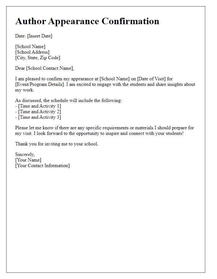 Letter template of author appearance confirmation for school visit