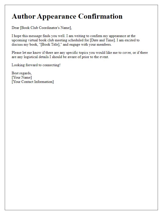 Letter template of author appearance confirmation for virtual book club