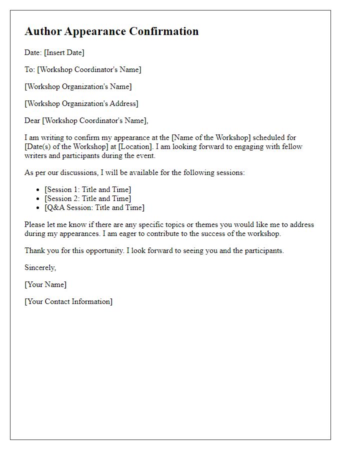 Letter template of author appearance confirmation for writing workshop