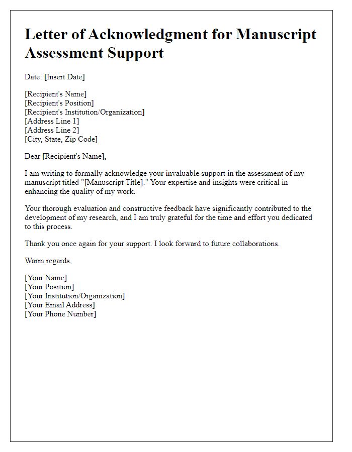 Letter template of acknowledgment for manuscript assessment support