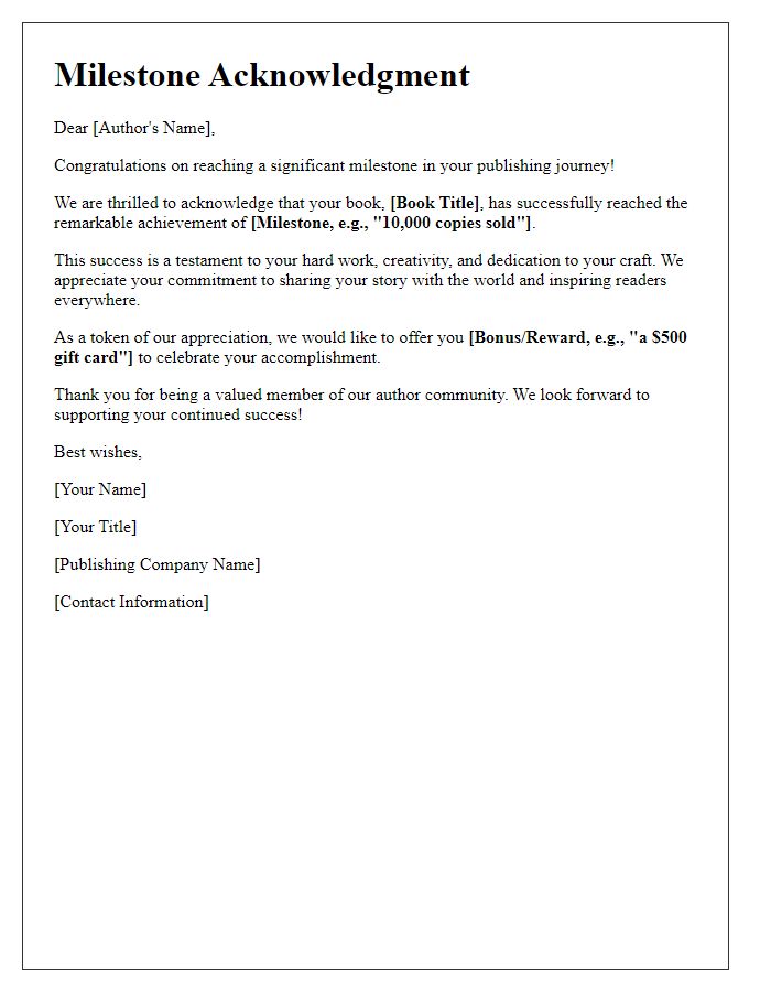 Letter template of Author Publishing Milestone Acknowledgment