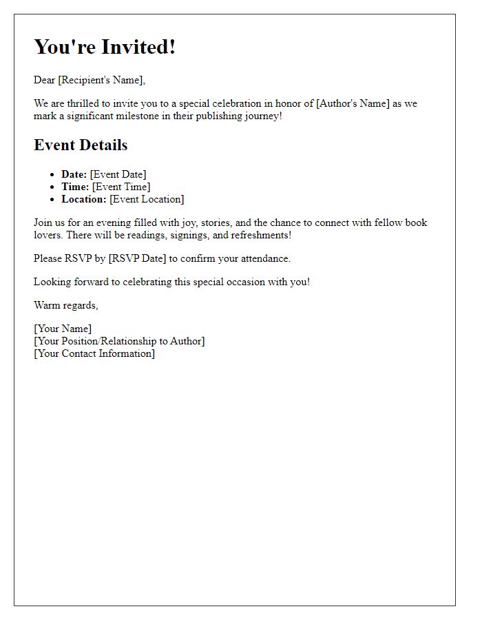 Letter template of Author Publishing Milestone Celebration Invitation