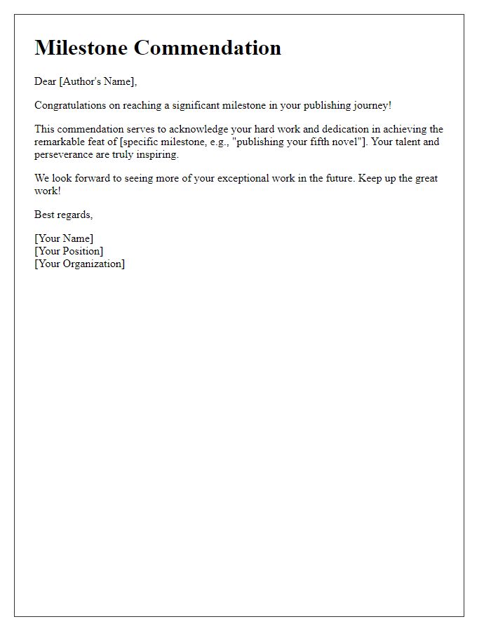 Letter template of Author Publishing Milestone Commendation