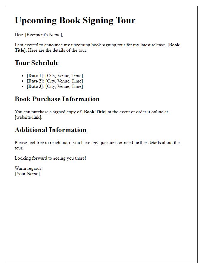 Letter template of anticipated book signing tour details