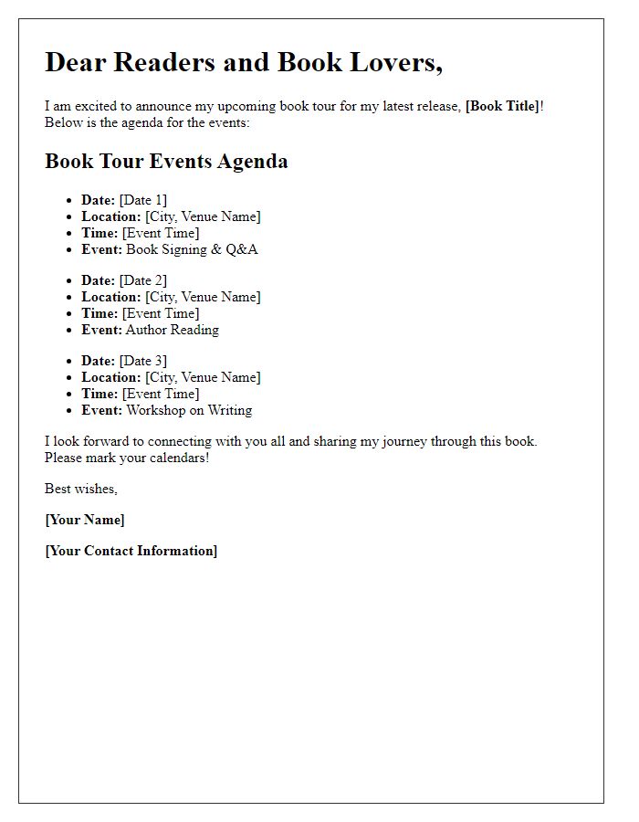 Letter template of author book tour events agenda announcement