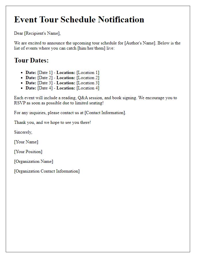 Letter template of author event tour schedule notification