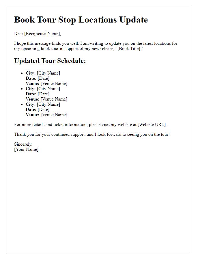 Letter template of authored book tour stop locations update