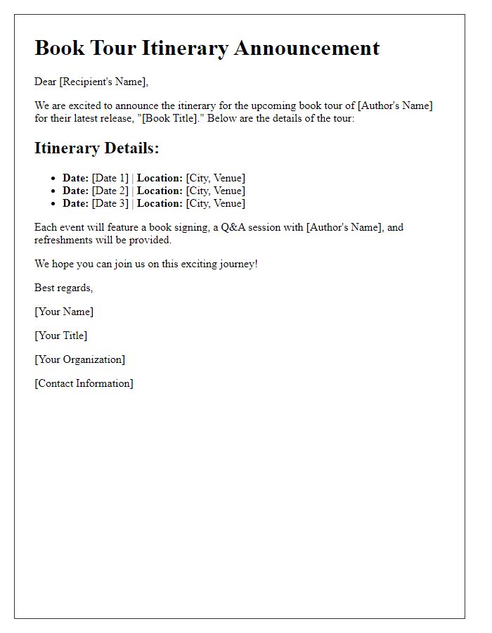 Letter template of book tour itinerary details announcement