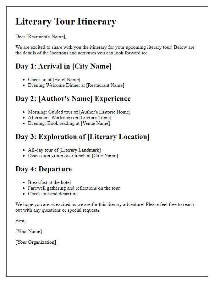 Letter template of literary tour itinerary reveal