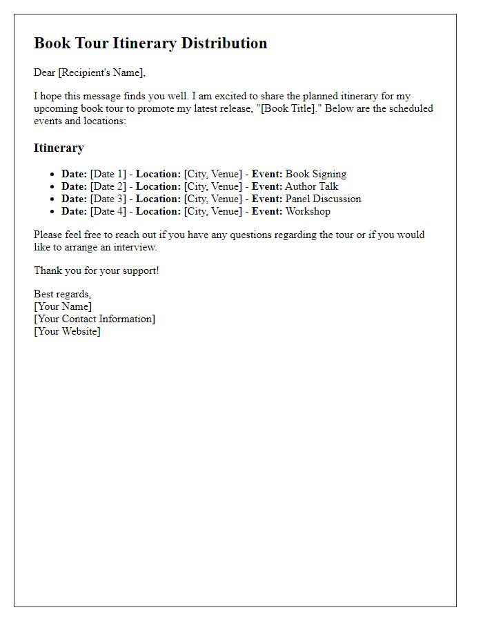 Letter template of planned book tour itinerary distribution