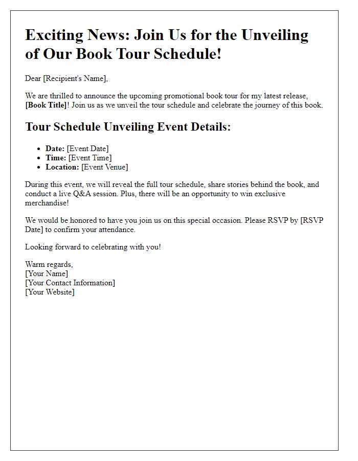 Letter template of promotional book tour schedule unveiling