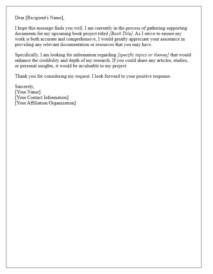 Letter template of author inquiring about supporting documents for book project